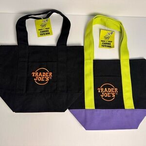 2 NWT Trader Joe's Canvas Mini Tote Bags - Black/Orange & Lime/Purple/Black
